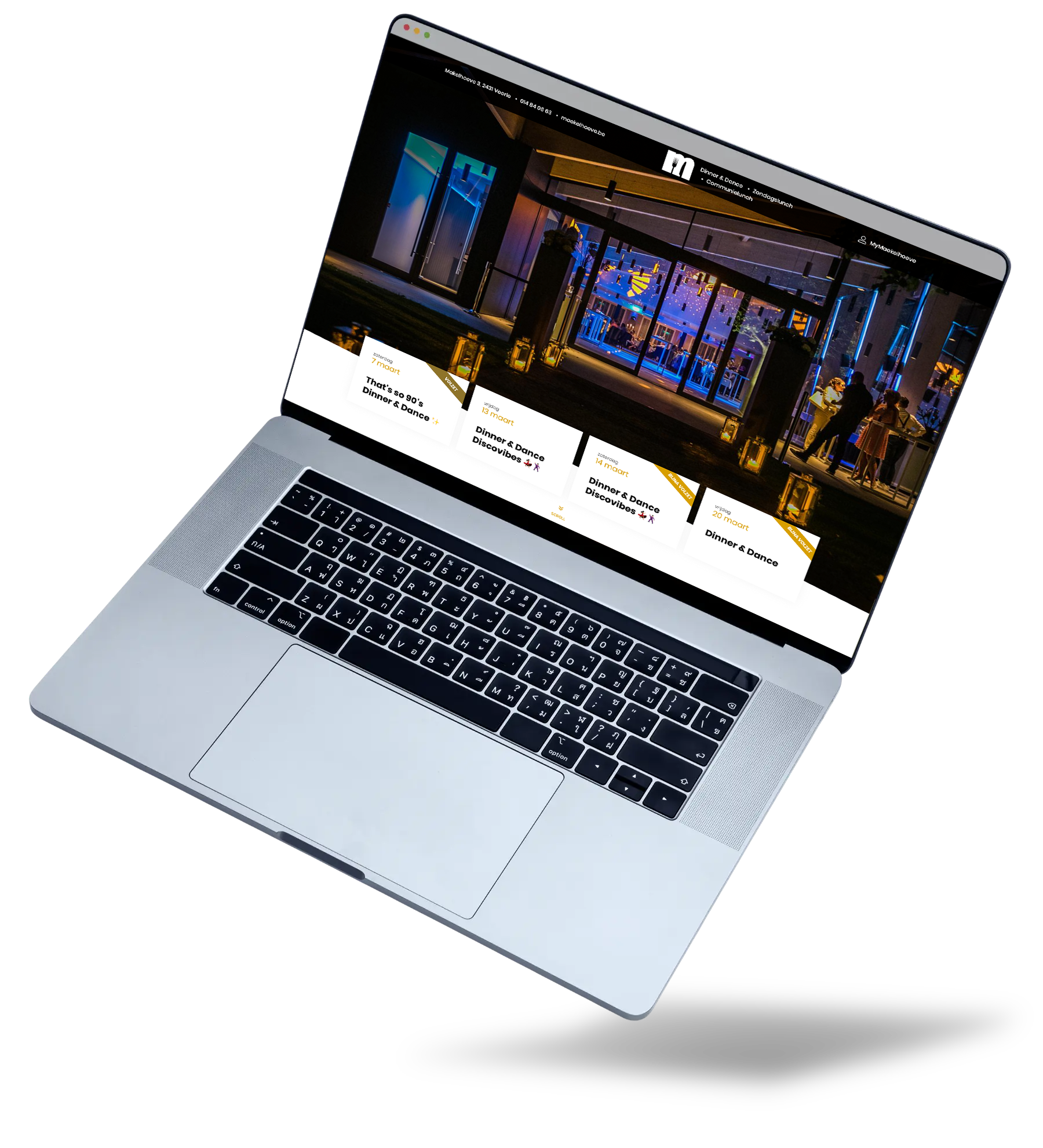 Laptop met website Maekelhoeve Events (boekingsplatform)